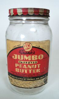 RARE 1940s Franks JUMBO Peanut Butter Jar w PAPER label & Lid 