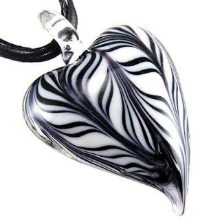   Heart White Murano Art Lampwork Glass Pendant Ribbon Necklace Cord
