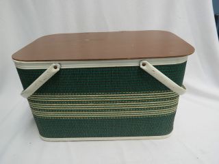 Vintage REDMON large Rattan Picnic Basket Tweed Woven Green