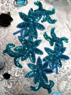 0505 Turquoise Floral Mirror Pair Beaded Sequin Appliques 6 SEWING 
