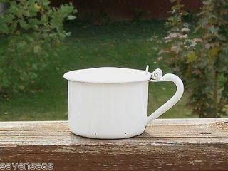 WHITE ENAMEL METAL CUP WITH ATTACHED LID black trim holds 2 cups 