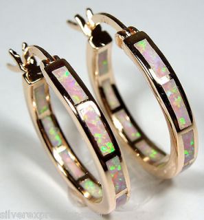   Plated 925 silver Endless Hoop Earrings Pink Fire Opal Inlay 3/4 wide