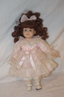 DanDee Collectors Choice Porcelain Doll in Pink Lace Dress Red Curly 