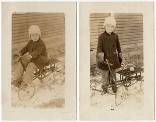 Two Real Photo Postcards of a Boy in the Snow with a Chain Driven 