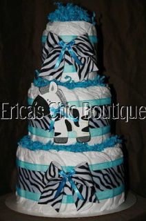 Black, White & Bright Blue Zebra Diaper Cake Baby Girl Shower Gift