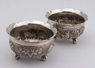 PAIR OF ANTIQUE INDIAN SILVER SALTS FULLY DECORATED 