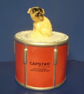   FLEA ADVERTISING DRUM CANISTER PUG DOG LID GREAT FOR DOG TREATS