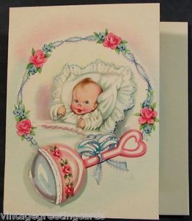 Rare Baby With Rattle Vintage 1950s Greeting Card Mint Unused With 