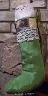   Cottage Chic Green Moire ~Satin Quilt~ CHRISTMAS STOCKING ~Angel~ Lace