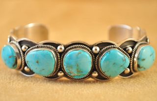 Darrell Cadman Sterling Silver Red Mountain Turquoise Row Navajo Cuff 