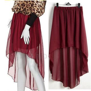 Wine Red Color Asym Hem Chiffon Skirt Ladies Long Maxi Dress Elastic 