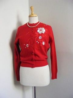 vtg 50s Red Wool PIN UP Cardigan Sweater PEARLS White ROSE Embroidery 