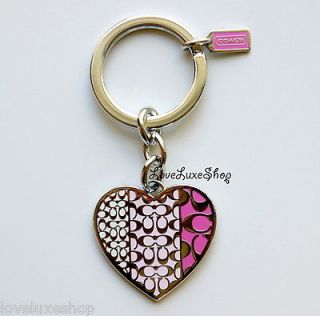   Pink White Enamel Signature C Logo Heart Key Fob Key Chain Charm 92035