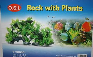 ROCK WITH PLANTS FISH AQUARIUM ORNAMENT 18.3 X 4.9 X 9.6