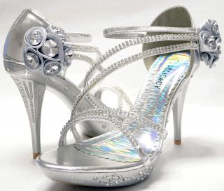 New womens shoes stilettos rhinestones wedding prom velcro silver US 