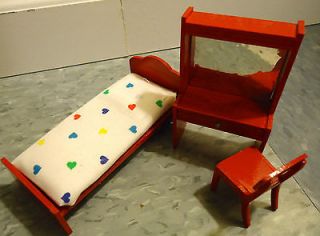 Vintage Dollhouse Miniature RED Wood Bedroom Set Bed Vanity & 2 twin 