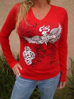   SUPPORT ROUTE 81 USA WOMENS RED T SHIRT LONG SLEEVE TATTOO ROSES