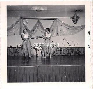   1960 Photo Two Grass Skirt Lei Hula Ladies Women Dancing On Stage