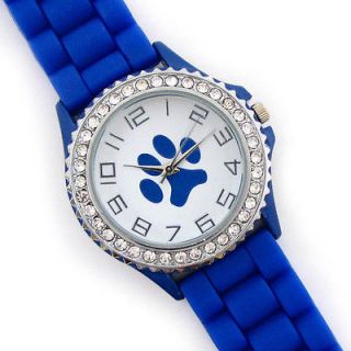   BLUE Paw Print Silicone Gel Rubber Band Crystal Bezel Womens WATCH