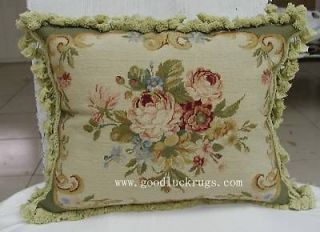   French Aubusson Design Roses Needlepoint Decorative Sofa Green Pillow