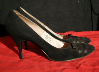Vintage 50s 60s Heels Black Suede Satin RIbbons Andrew Geller 