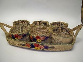 VINTAGE 1950S STRAW CUP HOLDER/NUT BOWLS WITH TRAY