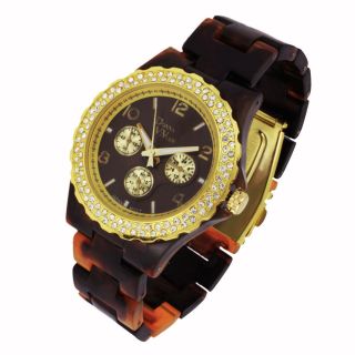   Brown Face Gold Link Band Tortoise shell Bracelet Watch USA SELLER