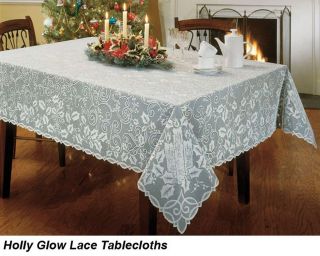 Tablecloth Christmas Holly Glow 52 x 70 White Sheer Heritage Lace 