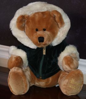 Collectible HARRODS large Christmas teddy bear 2001 green plush hoodie