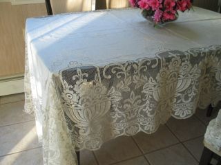 Vintage Hand Embroidered Lace Linen Banquet Tablecloth Buratto 