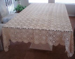 68 x 92 Antique Hand Crocheted Ecru Tablecloth