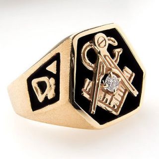Heavy Mens Masonic Diamond Ring Brushed Finish Solid 14K Gold Estate 