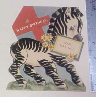 Forget Me Not Die Cut Felt Zebra 4th Birthday Card Vintage 1948