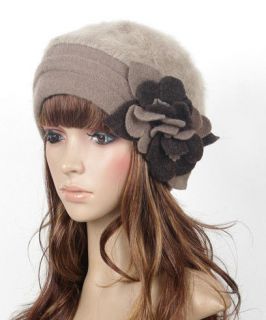   Ladies Winter Rabbit Fur Wool Flower Trim Beanie Cap Dress Crochet Hat