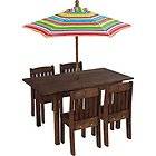   Wood Table And Stacking Chairs With Striped Umbrella Furniture Set New