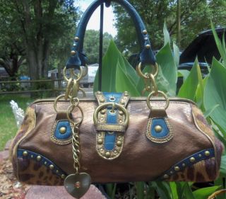   West Turquoise blue and Animal print Baguette Satchel Handbag Purse