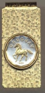 Uruguay 10 Centesimal Horse Money Clip Gold on Silver Coin Jewelry