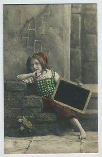   Child Girl with portable SLATE Blackboard vintage 1910s photo postcard