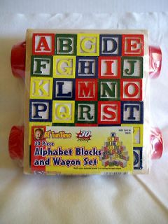 Set of 30 Wooden Alphabet Blocks in Pull Along Wagon With Red Wheels 