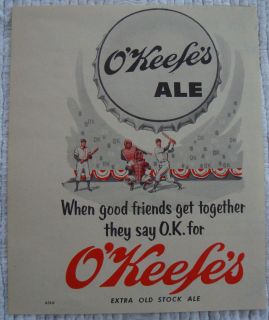 1954 OKEEFES BEER ALE AD SPORTS THEME BASEBALL PITCHER CATCHER 