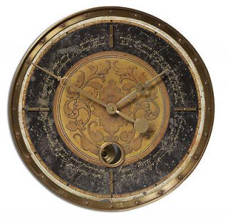   DISTRESSED ANTIQUE STYLE WOOD & BRASS CLOCK WALL DECOR VINTAGE DESIGN