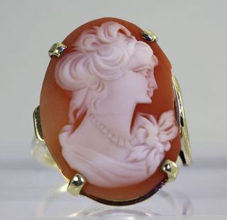 ANTIQUE CARNELIAN SHELL HAND CARVED CAMEO ITALIAN 14K YELLOW GOLD RING 