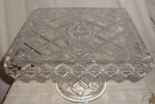 VINTAGE PRESSED GLASS CAKE STAND SQUARE WITH DIAMOND PATTERN RUM WELL