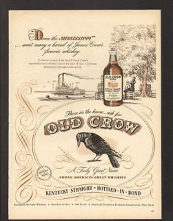1947 Print Ad Old Crow whisky riverboat barrels steam