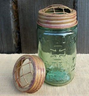   Jar Flower Frog Vase Mustard/Rust Lid Primitive Country Wedding Decor