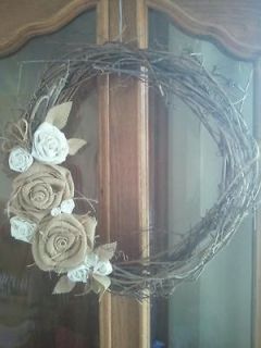 Grapevine wreath with fabric and burlap rosettes fall or Christmas