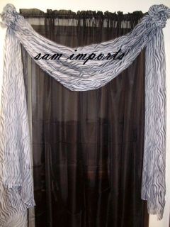 3Pcs. 1 zebra scarf valance w/ 2pc black sheer panel curtains