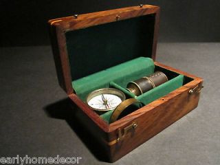   Antique Vintage Style Magnifying Glass Compass Telescope Wood Box Kit