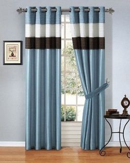 4pcs Faux Silk Blue Brown Beige Window Curtain Panel Set w/ White 