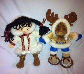 Set of 2 Alaska Moose w Snowshoes Plush & Arctic Circle Eskimo Girl In 